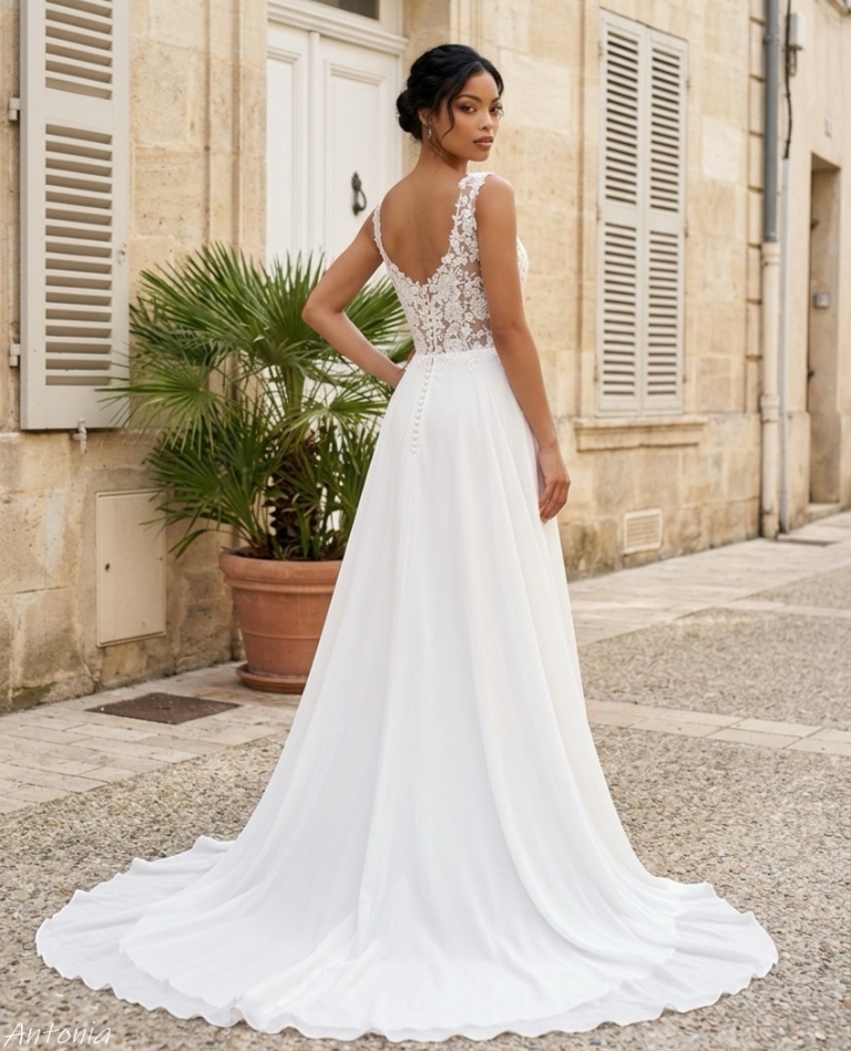 Detailansicht der Rückseite eines Fit-and-Flare Boho-Brautkleides mit geometrischer Spitze und feiner Knopfleiste, vom Brautladen Brittanja aus Moers.