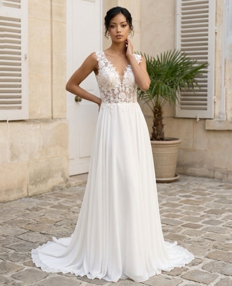 Modernes Boho-Brautkleid im Fit-and-Flare-Stil mit markanter geometrischer Spitze und schmalen Trägern, vom Brautladen Brittanja aus Moers.