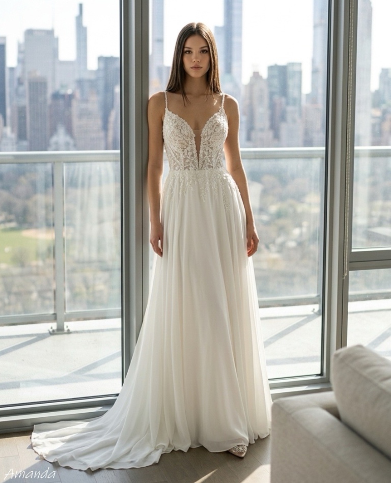 Vintage-inspiriertes Boho-Brautkleid mit langen Spitzenärmeln, hochgeschlossenem Ausschnitt und fließendem Chiffonrock, vom Brautladen Brittanja aus Moers.