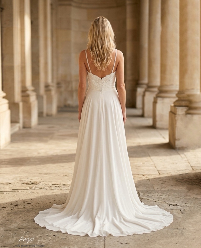 Rückansicht eines schlichten Empire-Brautkleides mit zarten Trägern und fließender Silhouette, präsentiert von Brittanja in Moers.